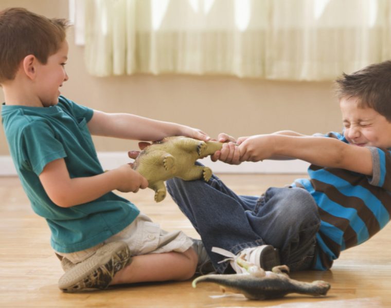 Dos niños peleando por un juguete en el suelo de una habitación.
