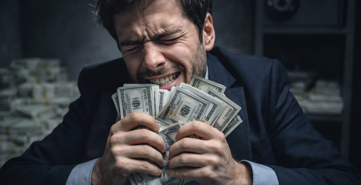 Hombre con expresión de ansiedad sosteniendo dinero, ilustración de la obsesión por el dinero
