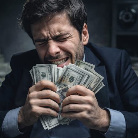 Hombre con expresión de ansiedad sosteniendo dinero, ilustración de la obsesión por el dinero