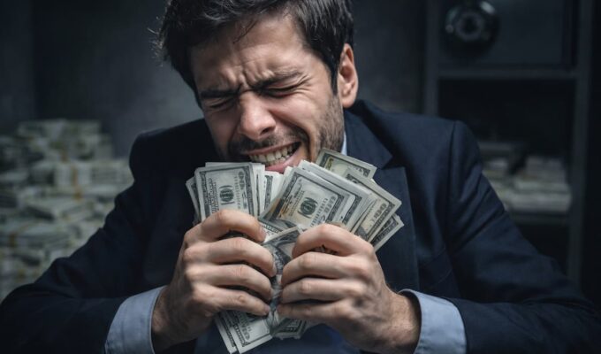 Hombre con expresión de ansiedad sosteniendo dinero, ilustración de la obsesión por el dinero
