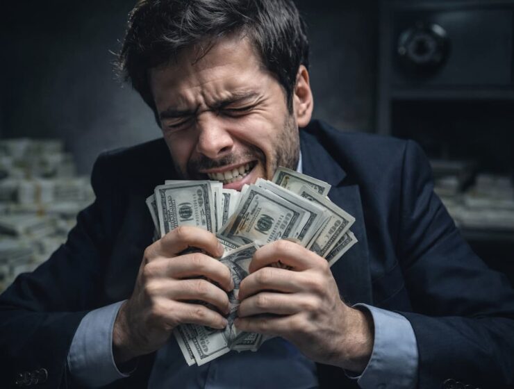 Hombre con expresión de ansiedad sosteniendo dinero, ilustración de la obsesión por el dinero