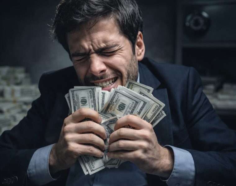 Hombre con expresión de ansiedad sosteniendo dinero, ilustración de la obsesión por el dinero