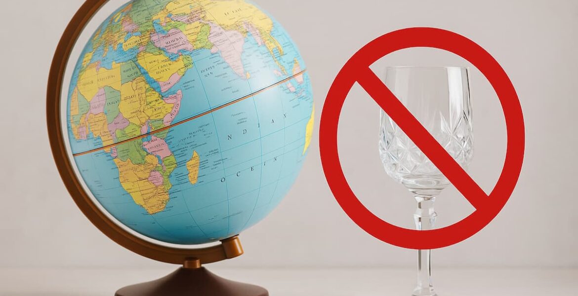 Globo terráqueo junto a una copa marcada con el símbolo de prohibido, representando países donde no se permite beber alcohol al viajar.