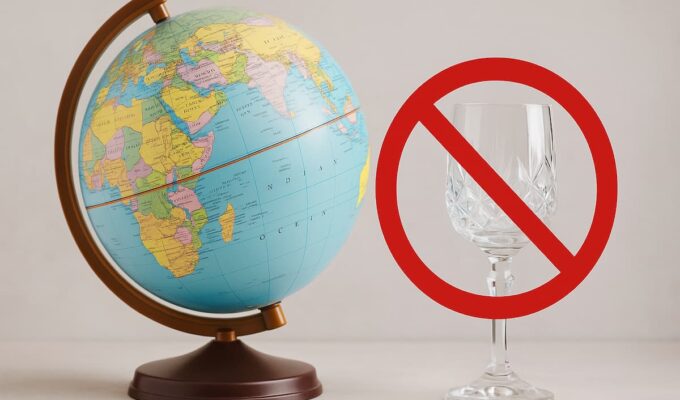 Globo terráqueo junto a una copa marcada con el símbolo de prohibido, representando países donde no se permite beber alcohol al viajar.