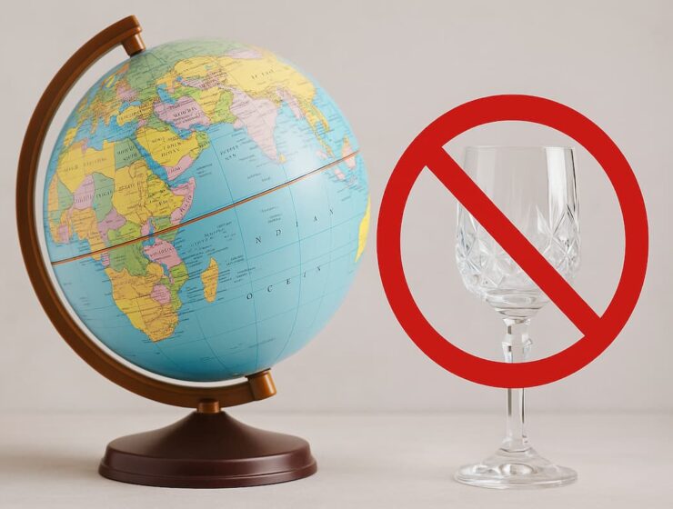 Globo terráqueo junto a una copa marcada con el símbolo de prohibido, representando países donde no se permite beber alcohol al viajar.
