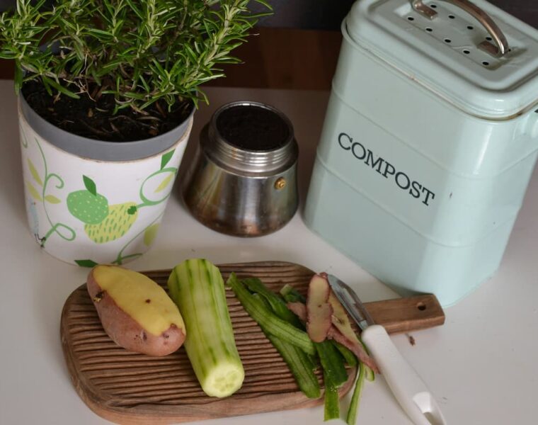 Recortes de vegetales sobre una tabla junto a un contenedor de compost de cocina y una maceta con planta aromática.