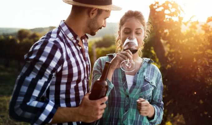 Pareja degustando vino tinto en viñedo al atardecer