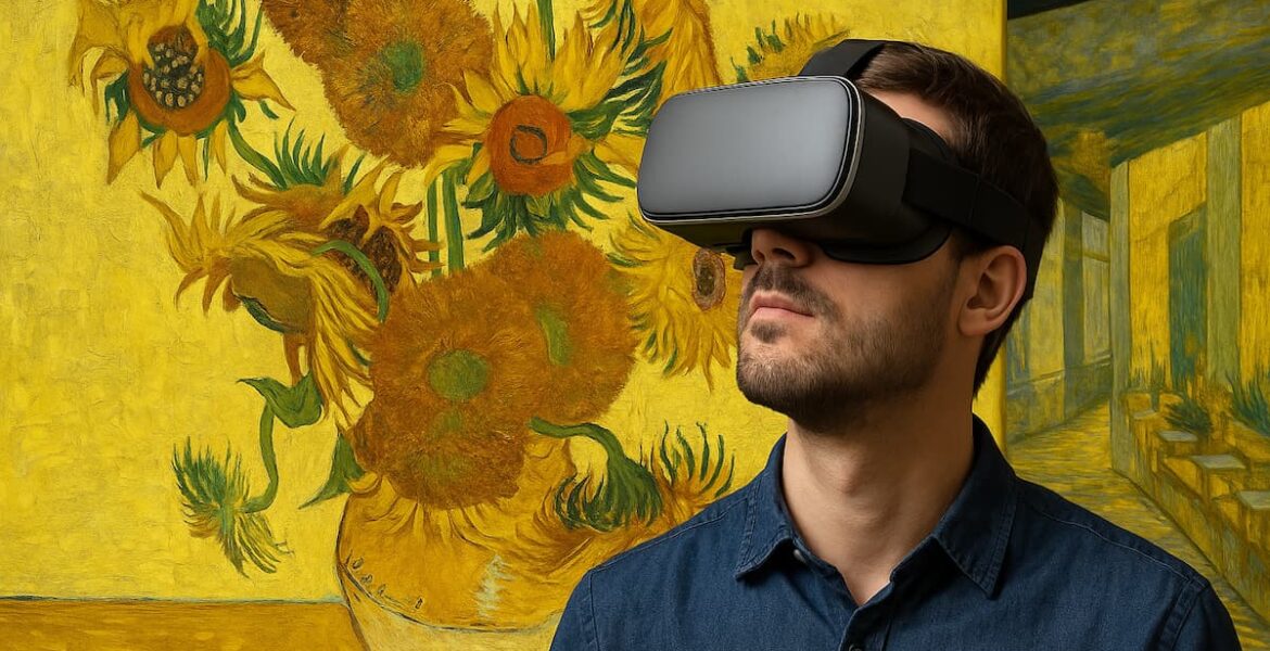 Hombre con gafas de realidad virtual observando una proyección inmersiva de Los Girasoles de Van Gogh en una sala amarilla iluminada, símbolo del encuentro entre arte clásico y tecnología.