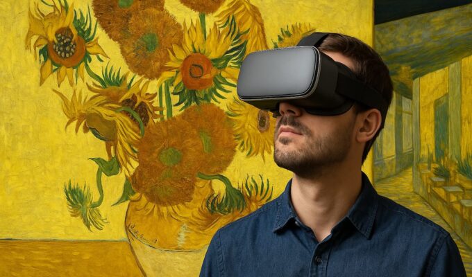 Hombre con gafas de realidad virtual observando una proyección inmersiva de Los Girasoles de Van Gogh en una sala amarilla iluminada, símbolo del encuentro entre arte clásico y tecnología.