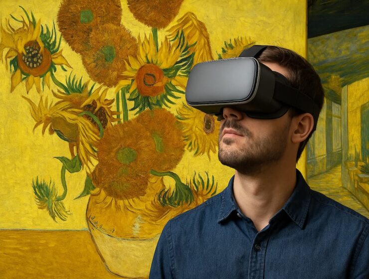 Hombre con gafas de realidad virtual observando una proyección inmersiva de Los Girasoles de Van Gogh en una sala amarilla iluminada, símbolo del encuentro entre arte clásico y tecnología.
