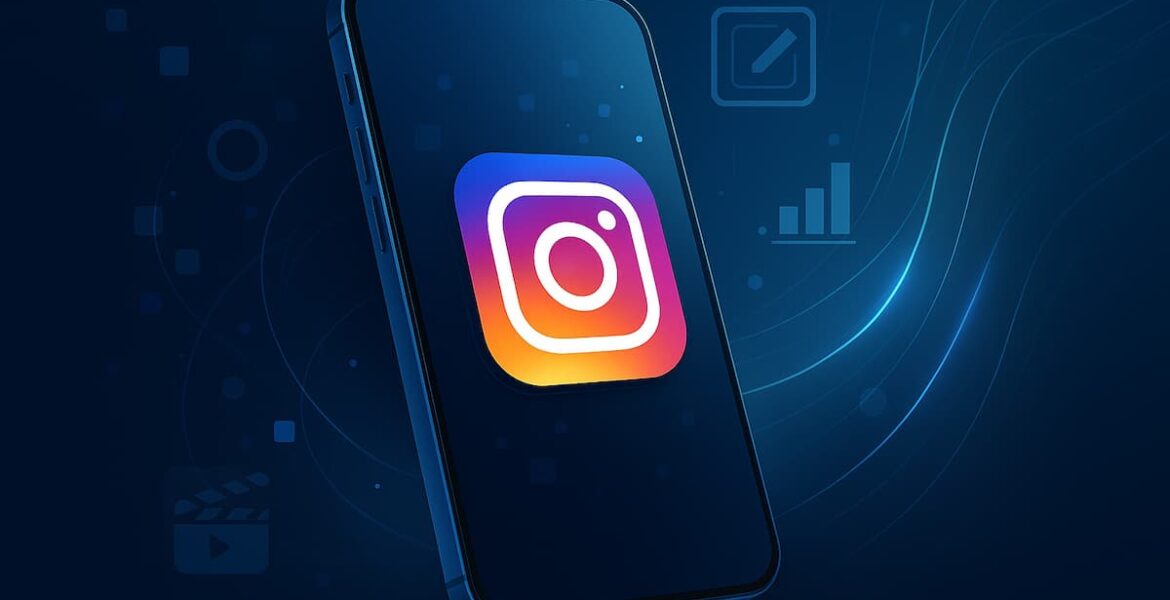 Smartphone con la aplicación de Instagram y sus íconos digitales en un fondo tecnológico moderno.