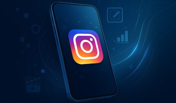Smartphone con la aplicación de Instagram y sus íconos digitales en un fondo tecnológico moderno.