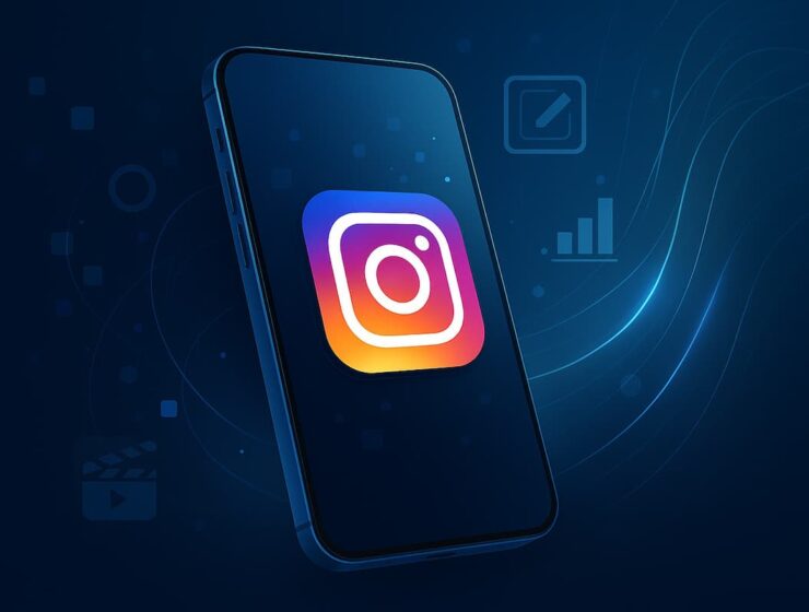 Smartphone con la aplicación de Instagram y sus íconos digitales en un fondo tecnológico moderno.