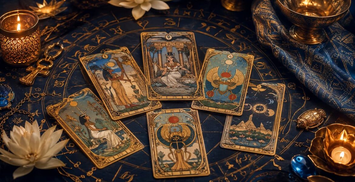 Cartas del Tarot Egipcio sobre una mesa con símbolos astrológicos, velas y elementos místicos en tonos dorados y azules.