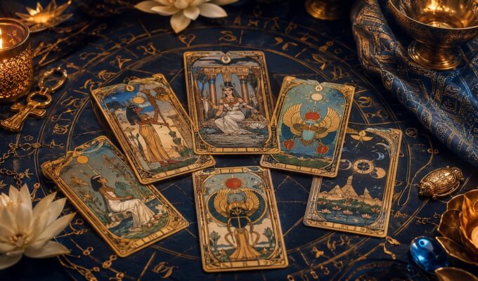Cartas del Tarot Egipcio sobre una mesa con símbolos astrológicos, velas y elementos místicos en tonos dorados y azules.