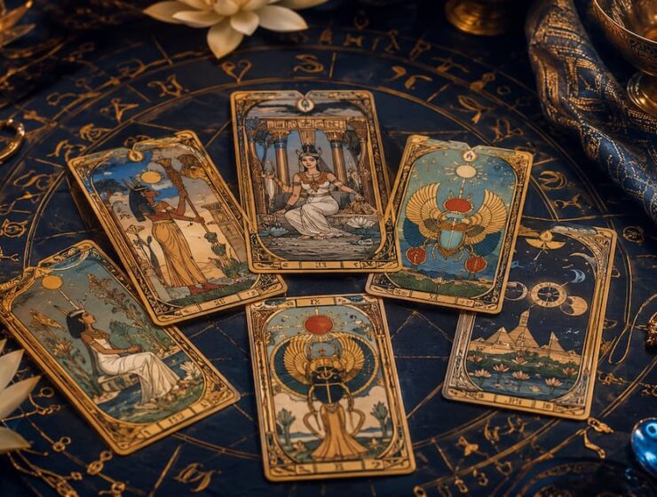 Cartas del Tarot Egipcio sobre una mesa con símbolos astrológicos, velas y elementos místicos en tonos dorados y azules.