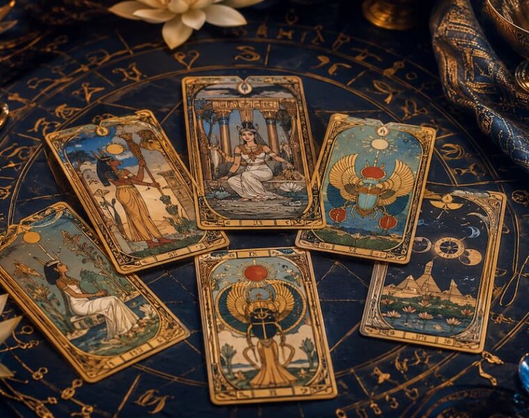 Cartas del Tarot Egipcio sobre una mesa con símbolos astrológicos, velas y elementos místicos en tonos dorados y azules.