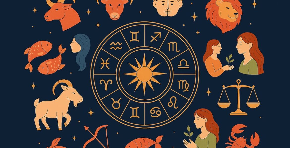 Ilustración moderna de los signos zodiacales en un círculo astral sobre un cielo estrellado.
