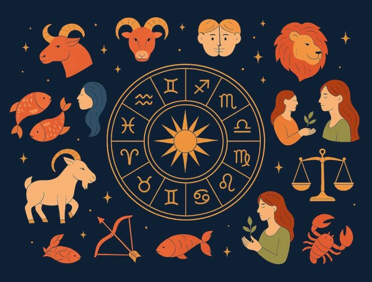 Ilustración moderna de los signos zodiacales en un círculo astral sobre un cielo estrellado.
