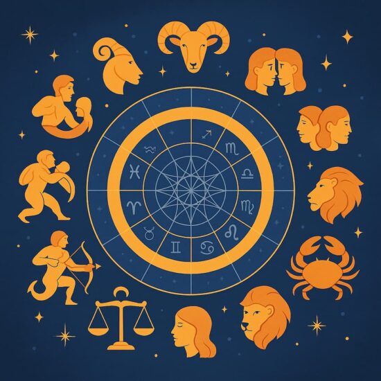 Horóscopo noviembre 2025 para cada signo Ilustración moderna de los signos zodiacales en un círculo astral sobre un cielo estrellado.