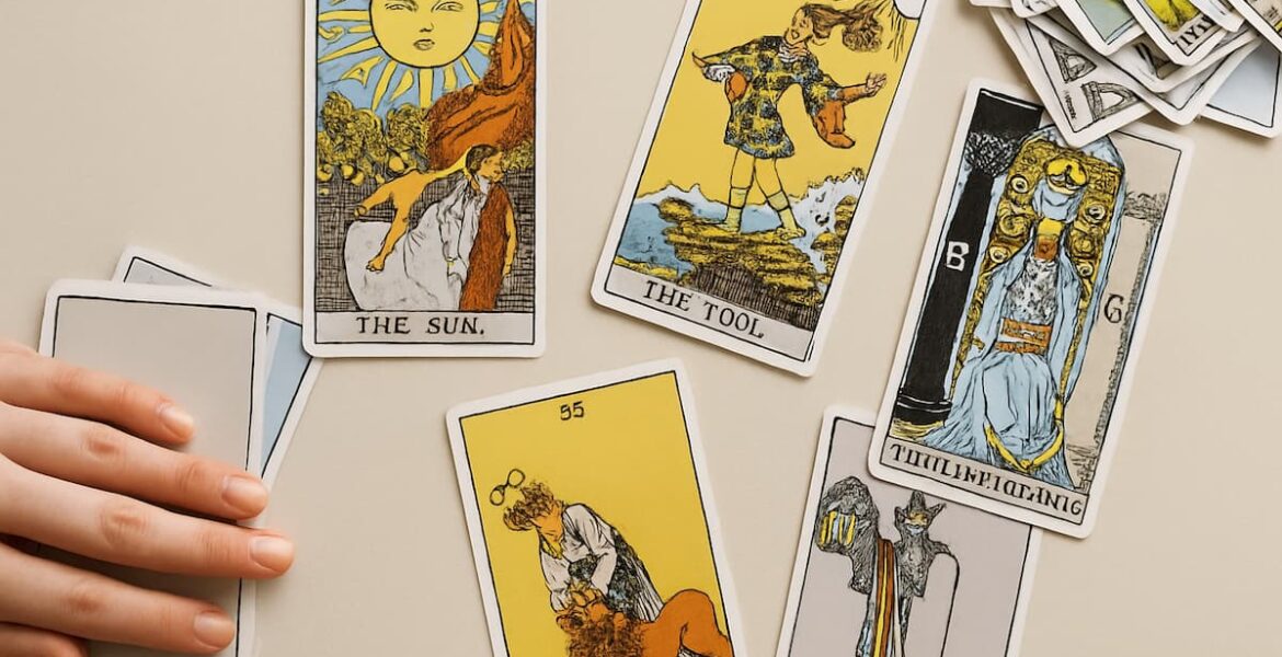 Tarotista preparando una lectura con cartas del tarot sobre fondo beige