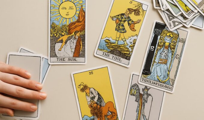 Tarotista preparando una lectura con cartas del tarot sobre fondo beige