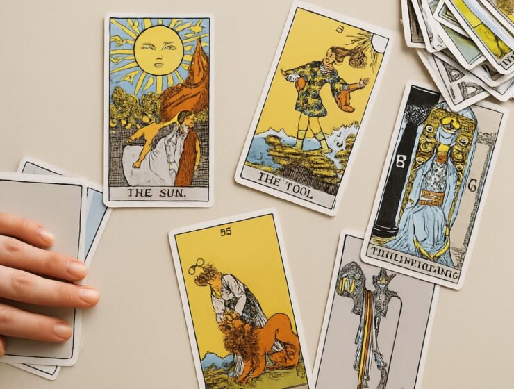 Tarotista preparando una lectura con cartas del tarot sobre fondo beige