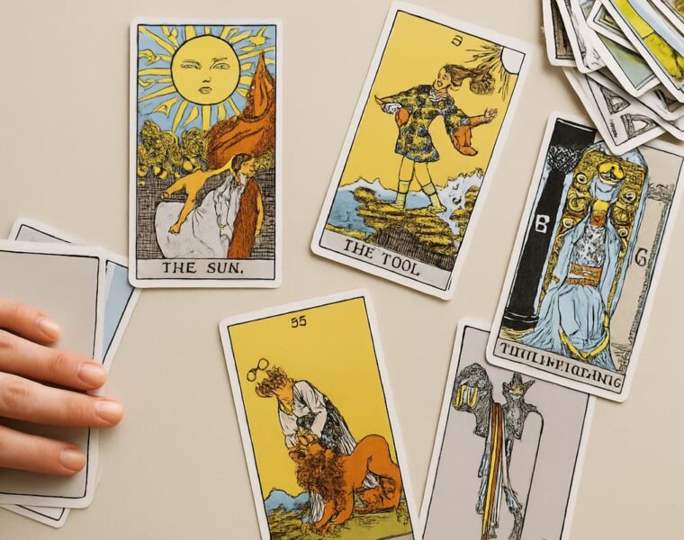 Tarotista preparando una lectura con cartas del tarot sobre fondo beige