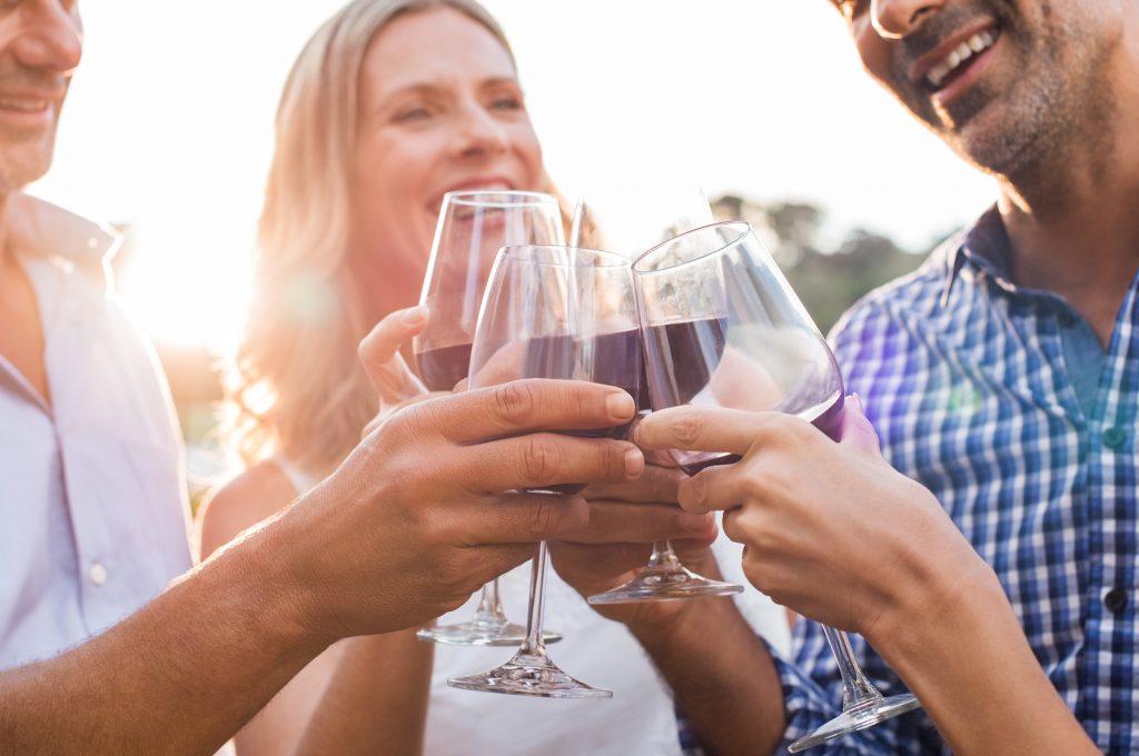 Grupo de amigos brindando con copas de vino tinto al atardecer