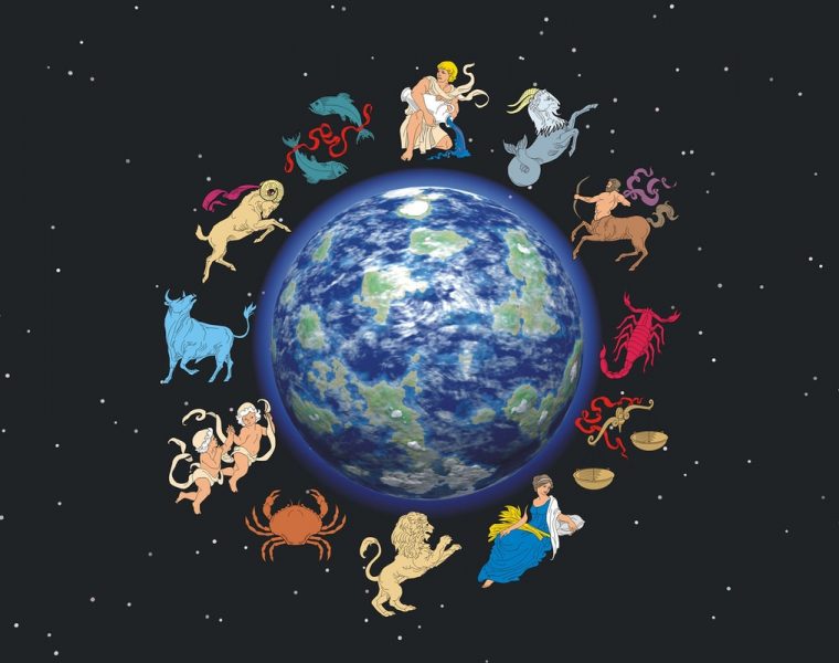 Imagen del zodiaco con constelaciones iluminadas sobre un cielo estrellado en tonos azules.