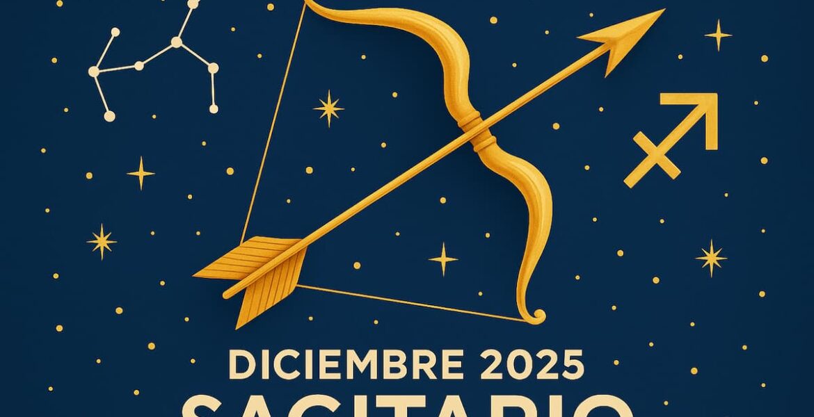 Ilustración del signo Sagitario con su símbolo y arco estelar sobre un fondo cósmico.