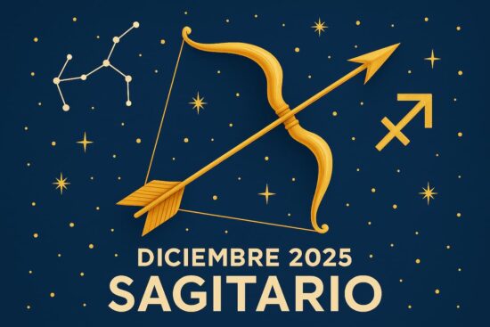 Ilustración del signo Sagitario con su símbolo y arco estelar sobre un fondo cósmico.