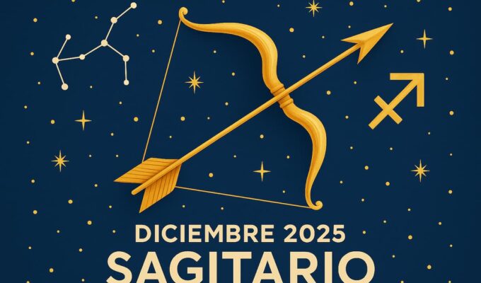 Ilustración del signo Sagitario con su símbolo y arco estelar sobre un fondo cósmico.