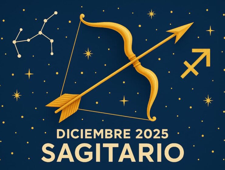 Ilustración del signo Sagitario con su símbolo y arco estelar sobre un fondo cósmico.
