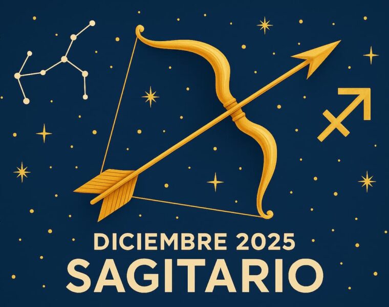 Ilustración del signo Sagitario con su símbolo y arco estelar sobre un fondo cósmico.