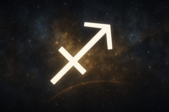 Símbolo del signo Sagitario iluminado sobre un fondo de estrellas y constelaciones.