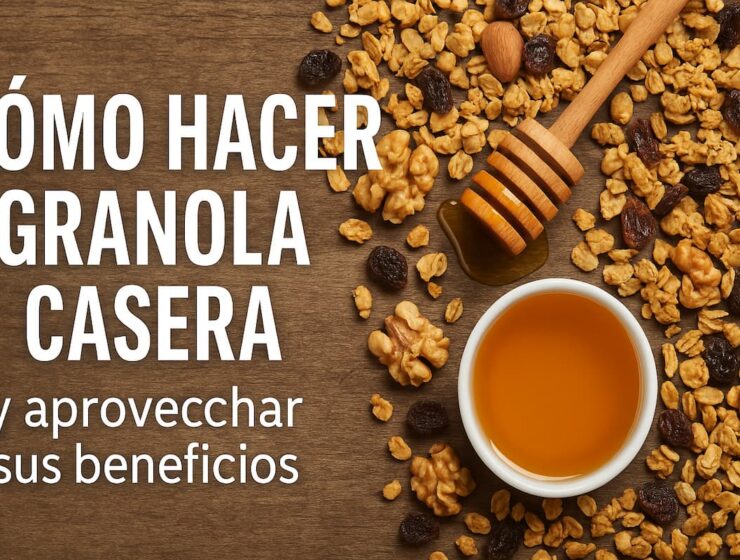 Cómo hacer granola casera y aprovechar sus beneficios 1 Mezcla de granola casera con miel, nueces, almendras y pasas sobre fondo de madera natural, vista superior.