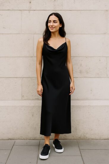 Moda urbana 2026: mujer con zapatillas fucsias disfrutando al aire libre. Mujer con vestido elegante y zapatillas negras caminando por una calle moderna, tendencia de moda 2025.