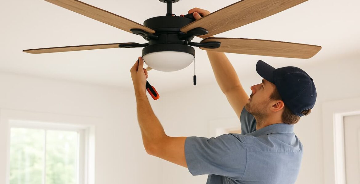 Hombre instalando un ventilador de techo moderno con aspas de madera en una habitación luminosa.