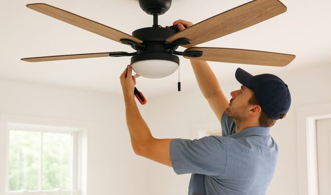 Hombre instalando un ventilador de techo moderno con aspas de madera en una habitación luminosa.
