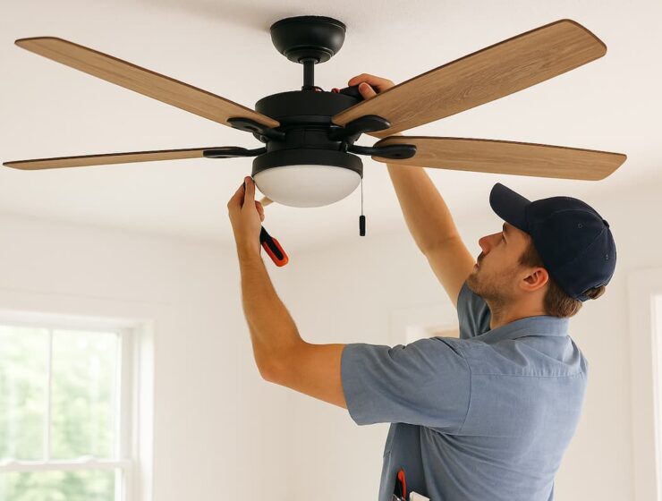 Hombre instalando un ventilador de techo moderno con aspas de madera en una habitación luminosa.