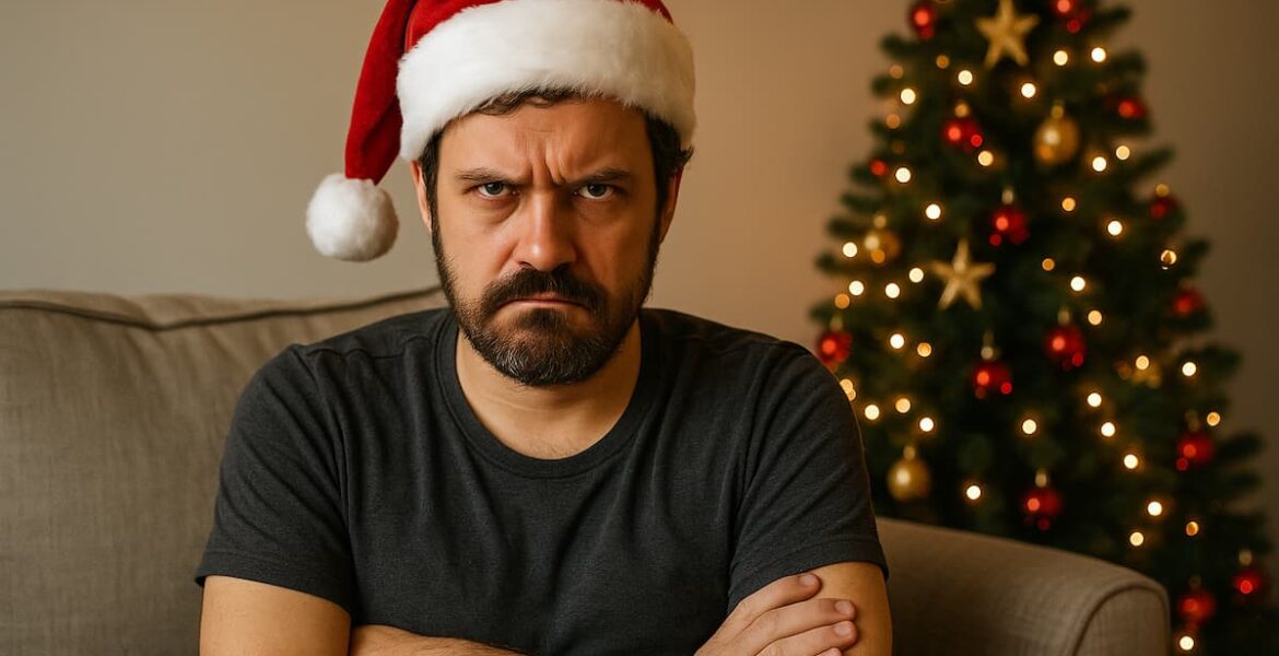 Hombre con gorro de Papá Noel mirando con gesto serio frente a un árbol de Navidad iluminado.