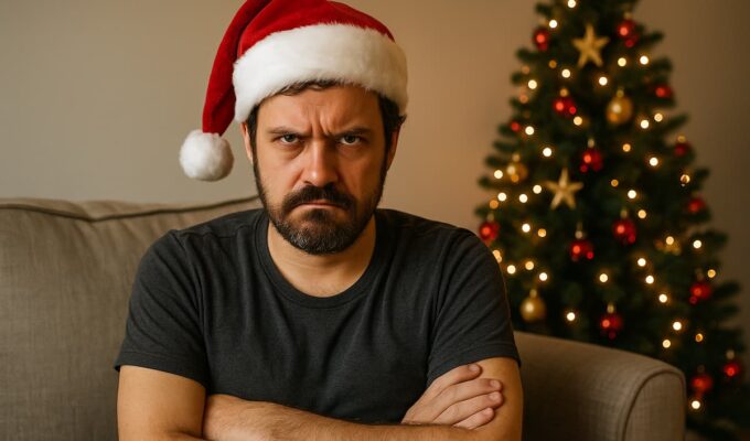 Hombre con gorro de Papá Noel mirando con gesto serio frente a un árbol de Navidad iluminado.