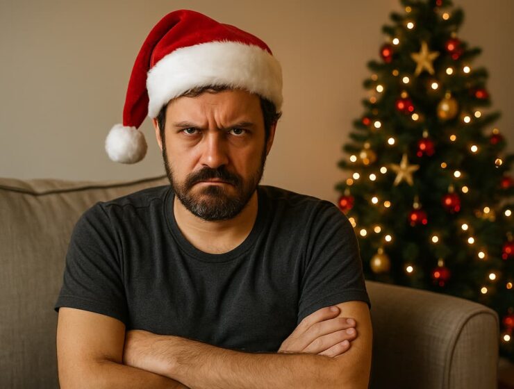 10 películas alternativas para ver en 2025 si odias la Navidad 3 Hombre con gorro de Papá Noel mirando con gesto serio frente a un árbol de Navidad iluminado.