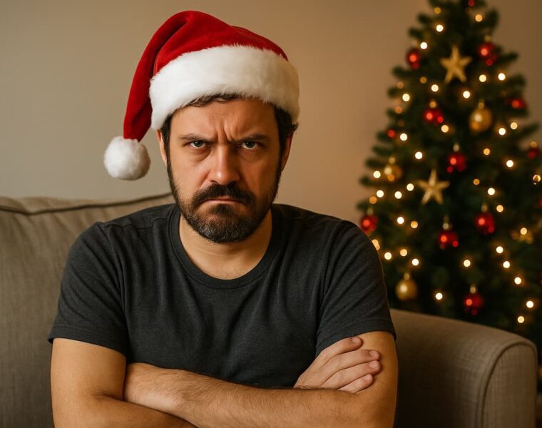 Hombre con gorro de Papá Noel mirando con gesto serio frente a un árbol de Navidad iluminado.