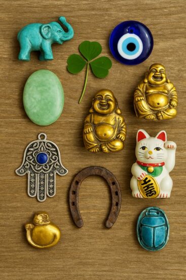 Collage de amuletos de la suerte como trébol de cuatro hojas, ojo turco, mano de Fátima, elefante, jade, Buda sonriente, herradura, gato Maneki-neko y escarabajo egipcio sobre fondo de madera.