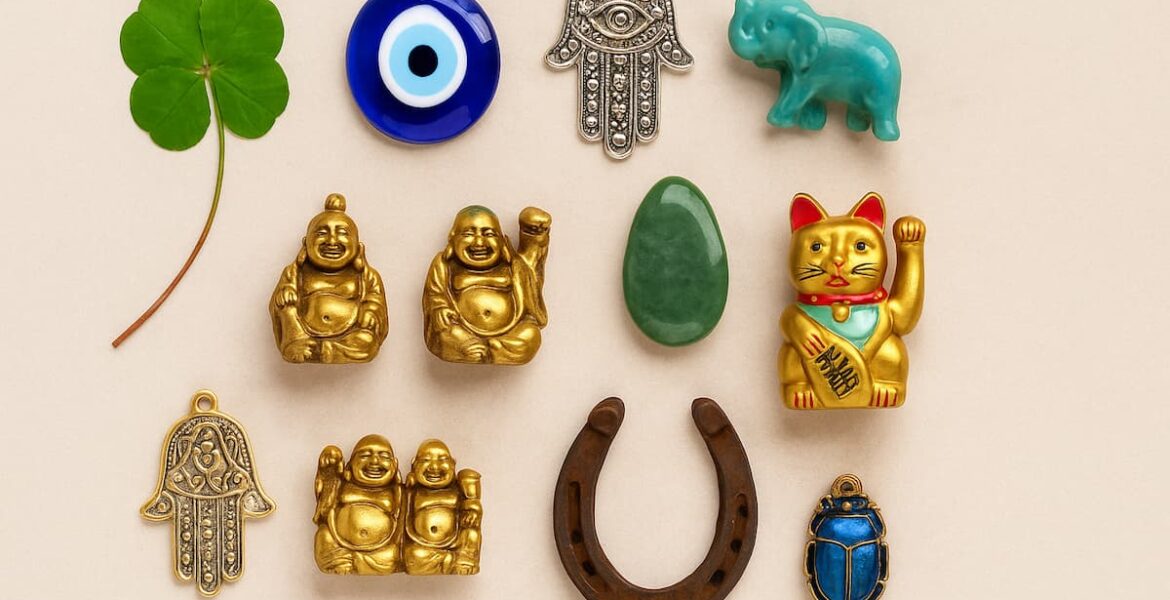 Collage horizontal de amuletos de la suerte sobre fondo neutro claro: trébol de cuatro hojas, ojo turco, mano de Fátima, elefante, piedra jade, Buda sonriente, herradura, gato Maneki-neko y escarabajo egipcio.