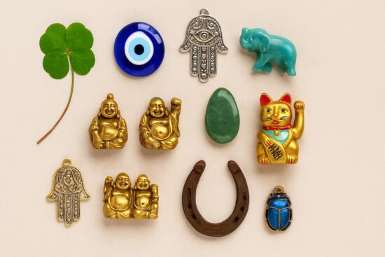 Collage horizontal de amuletos de la suerte sobre fondo neutro claro: trébol de cuatro hojas, ojo turco, mano de Fátima, elefante, piedra jade, Buda sonriente, herradura, gato Maneki-neko y escarabajo egipcio.