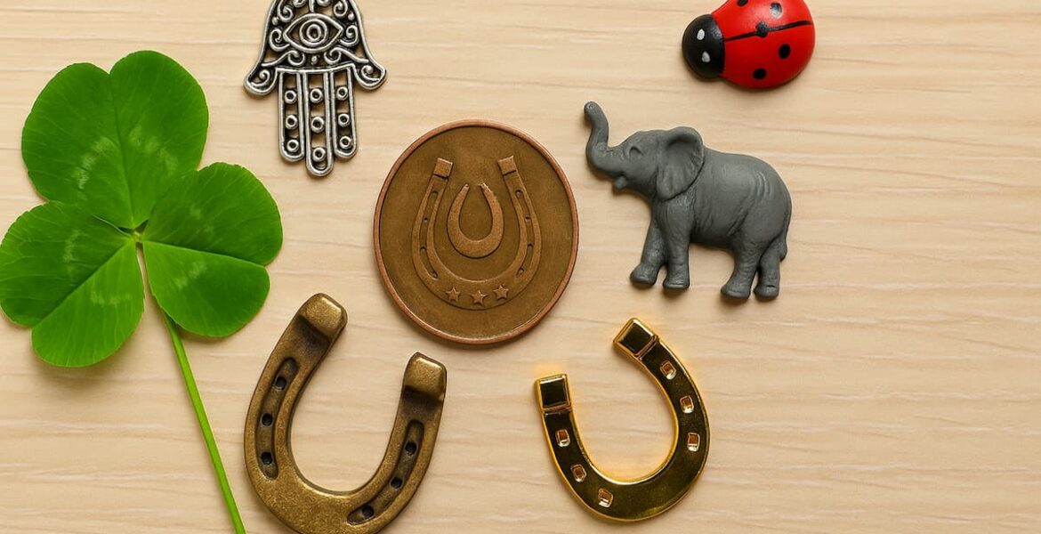 Amuletos de la buena suerte sobre una mesa: trébol de cuatro hojas, mano de Fátima, herraduras, moneda, elefante y mariquita