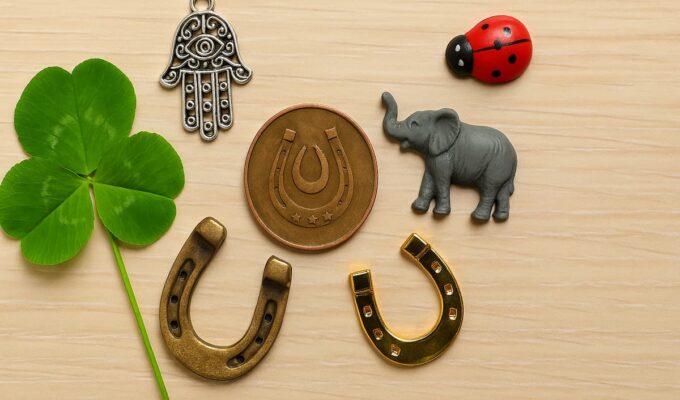 Amuletos de la buena suerte sobre una mesa: trébol de cuatro hojas, mano de Fátima, herraduras, moneda, elefante y mariquita